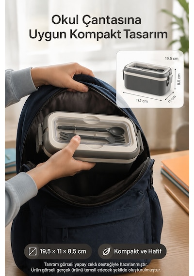 Antrasit 3 Bölmeli Çocuk Beslenme Kutusu Kaşık Çatal Dahil Kilitli Kapaklı Taşıma Saplı Lunch Box