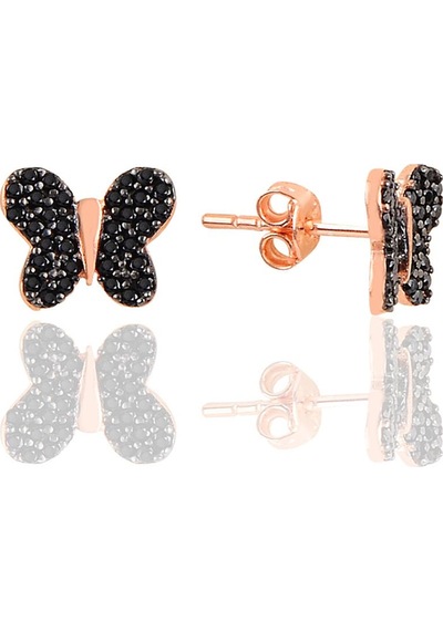 Gümüş Rose Siyah Taşlı Kelebek Küpe N11.48275