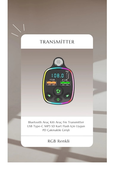 Neffo Fm Radyo Bluetooth Transmitter Usb Type-c Mp3 Sd Kart Flash