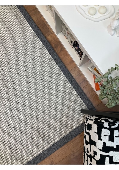 Saraz Halı Kumaş Bordür Bej Bukle Siyah Bordür Halı Salon Koridor Mutfak Çocuk Odası Halısı Kilim S263 Gri