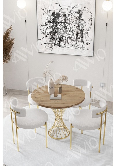 Avvio Lisa Mat Gold Teddy Sandalye 90x90 Yuvarlak Yemek Masası Mutfak Masası Masa Sandalye Takımı Akça