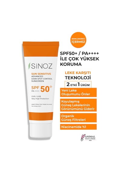 Sinoz Spf 50 Leke Karşıtı Aydınlatıcı Etkili Yüksek Koruyucu Niacinamide İçeren Yüz Güneş Kremi 50 ML
