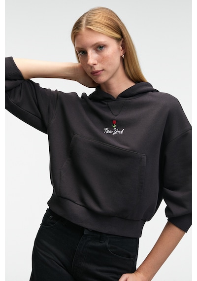 Grimelange ISADORA Kadın Kapüşonlu Nakış Detaylı Regular Fit Crop Antrasit Sweatshirt