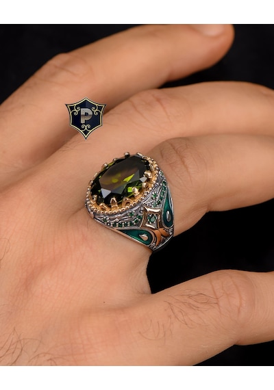 925 Ayar Gümüş Erkek Yüzüğü Peridot Taşlı Zirkon Taş Süslemeli