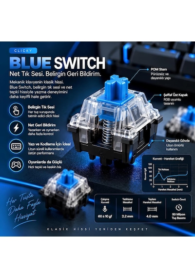 Kablolu Rgb Mekanik Oyuncu Klavyesi, Türkçe Q, Blue Switch Kb-12