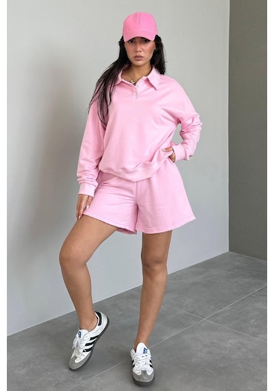 Madmext Pembe Polo Yaka Kadın Şort Sweatshirt Takım Mg2375
