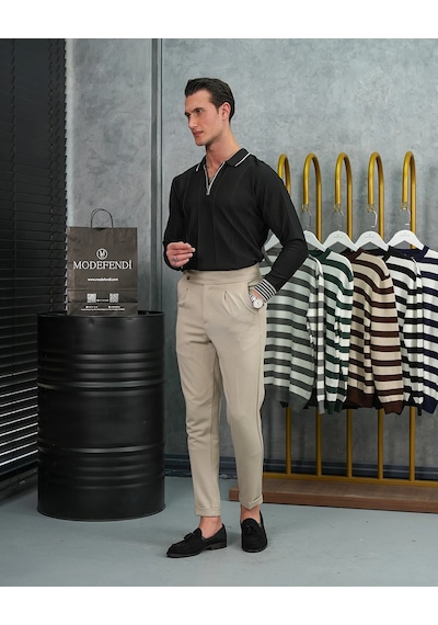 Modefendi Pamuk Likra Slim Fit Bilek Ve Yaka Çizgi Detaylı Yaka Fermuarlı Triko Kazak Siyah Modefendi Pamuk Likra Slim Fit Bilek Ve Yaka Çizgi Detaylı Yaka Fermuarlı Triko Kazak Siyah