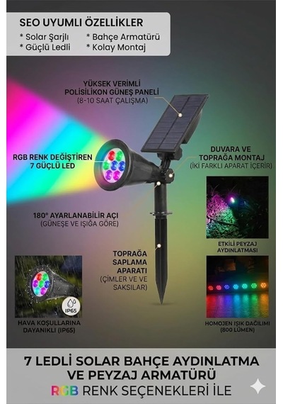 Tr Solar Gunes Enerjili Rgb Renk Degistiren Bahce Armaturu 7 Ledli Renkli Dis Mekan Peyzaj Cim Kazikli