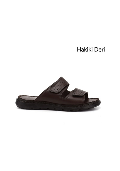 Gönderi(R) Gönderir Kahverengi Çift Cırtlı Hakiki Deri Comfort Terlik Kahverengi