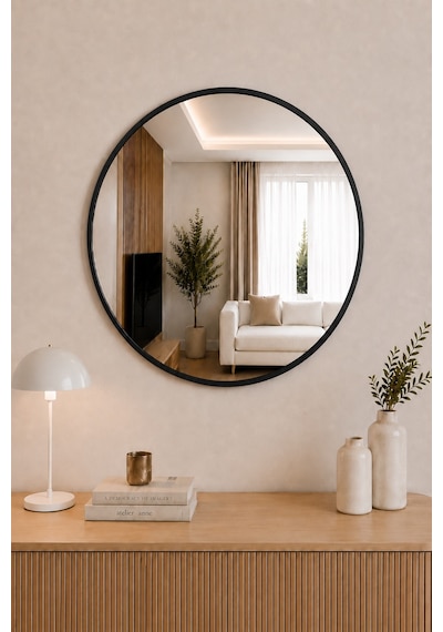 Effe Siyah Metal Çerçeveli Yuvarlak Ayna 60 Cm