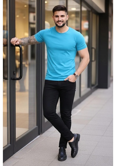 Novalisse Erkek Body Tişört Bisiklet Yaka Slim Fit Likralı T-shirt - Açık Mavi Çoklu Renk