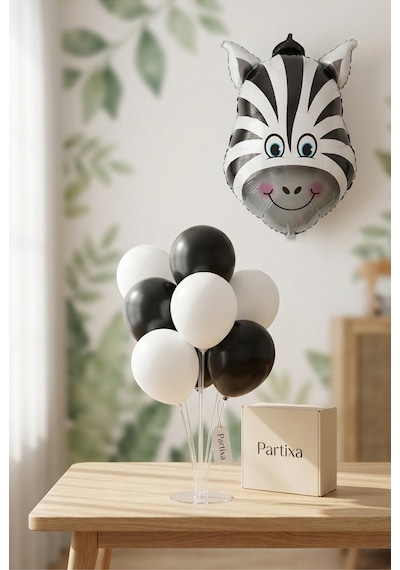 Safari Zebra Kafa Balon Stand Seti Şeffaf 7 Li Stand + Safari Zebra Folyo Balon + 7 Lateks Balon Beyaz - Siyah