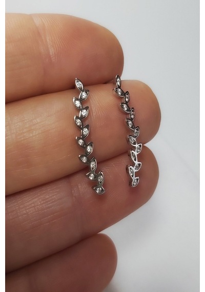 925 Ayar Rodyum Zirkon Taşlı Yaprak Model Gümüş Küpe