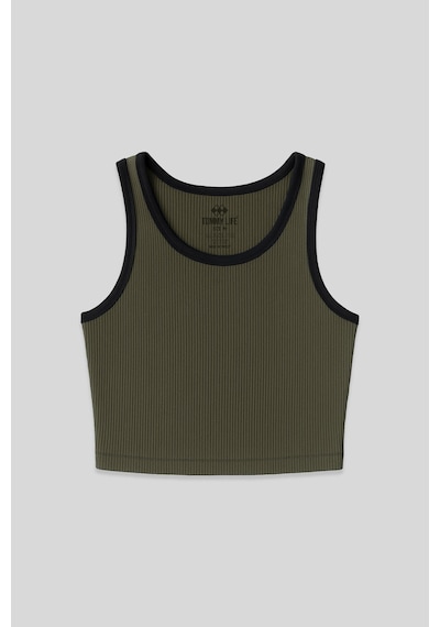 Tommy Life Haki Basic Sıfır Kol Dar Kalıp U Yaka Kadın Crop Top Atlet - 97160 Haki