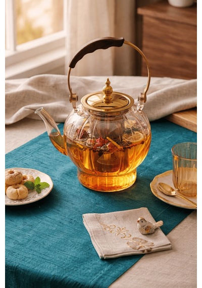 1000 Ml. Isıya Dayanıklı Borosilikat Amber Cam Demlik Ahşap Saplı Süzgeçli Cam Demlik Amber