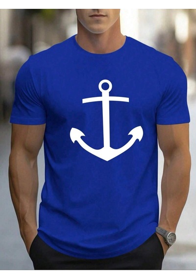 Büyük Çapa T-shirt - Sax Mavi Baskılı Oversize Bisiklet Yaka Kısa Kol Tişört Sax Mavi