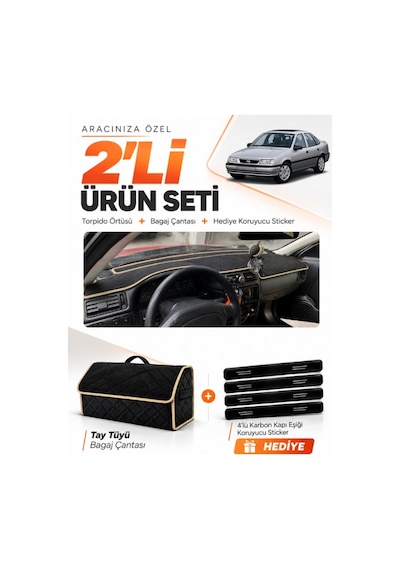 E-biz Opel Vectra A 1988-1995 Uyumlu Torpido Örtüsü + Tay Tüyü Bagaj Çantası - Siyah-bej - Op014