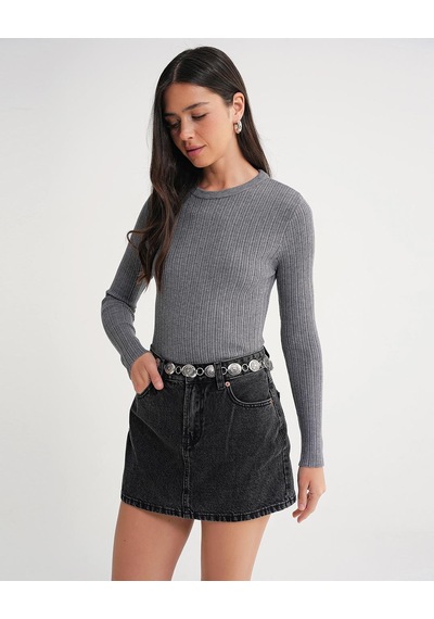 Mixray 6938 Kadın Bisiklet Yaka Fitilli Triko Body Gri