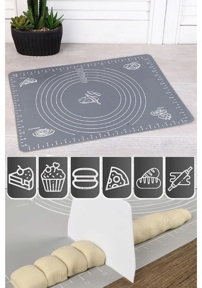 Tilbe Home Silikon Hamur Açma Yoğurma Matı Fırın Altlığı Ölçekli Mat Orta Boy Gri 50x40cm