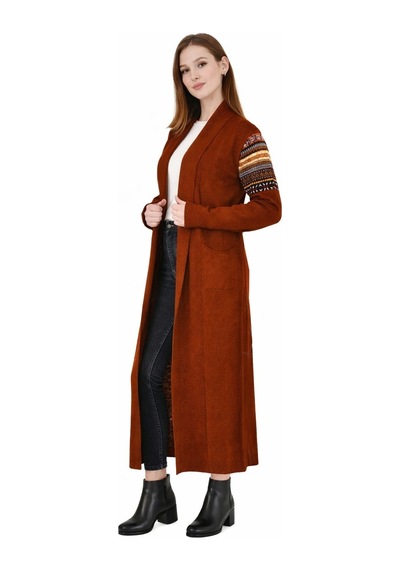 Onno Style Women Kilim Desen Uzun Ceket Kiremit