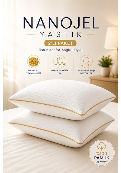 2 Adet Gold Detaylı Gold Rengi Biyeli 1100 Gram Lüks Otel Yastığı Beyaz