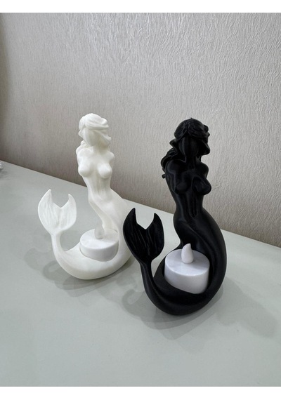 Deniz Kızı Tealight Mumluk 2 Li Siyah Beyaz Dekoratif Figür Ev Ofis Masaüstü Aksesuarı