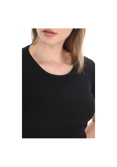 Monox Kadın Fitilli Likralı Pamuk Basic Tshirt Siyah