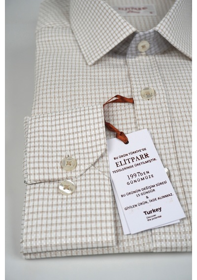 Elitpark Heritage Line Desenli Uzun Kollu Pamuklu Cepli Rahat Kalıp Premium Erkek Gömlek Kahverengi