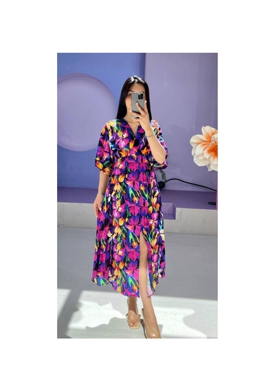 Moda Banuş Karışık Desenli Mor- Pembe Yırtmaçlı Elbise 3154
