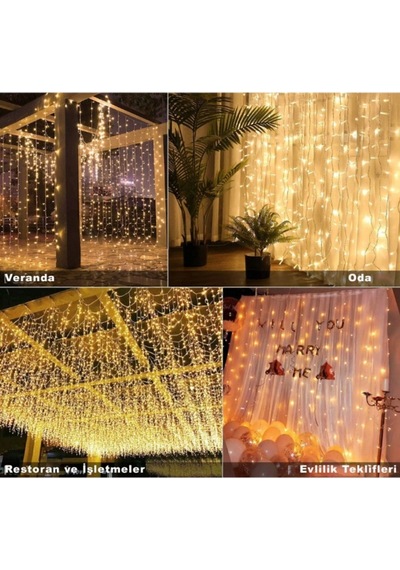 Kumandalı 8 Ayrı Moda Sahip 3 Mx3 M 300 Cm X 300 Cm Perde Led 10 Saçaklı Sarkıtlı 300 Led Gün Işığı