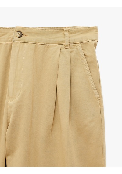 Koton Pamuklu Cepli Rahat Kalıp Gabardin Pileli Barrel Pantolon Bej 7wam40069nw Ekru