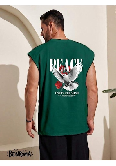 Peace Enjoy The Wind Güvercin Baskılı Kolsuz Tişört Yeşil