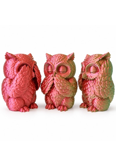 Üçlü Görmedim Duymadım Söylemedim Baykuş Seti Renk Değişimli 3d Baskı Dekoratif Figür 9,5 X 6,5 Cm Pembe - Yeşil