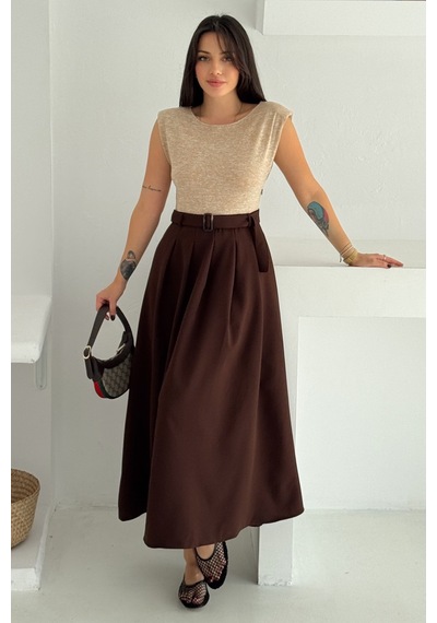 Noa & Noa Kadın Pileli Kemerli Maxi Vatkalı Premium Elbise Zarif & Duru Stil Kahverengi Noa & Noa Kadın Pileli Kemerli Maxi Vatkalı Premium Elbise Zarif & Duru Stil Kahverengi