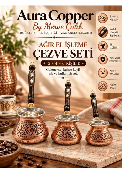 Aura Copper 3'lü Bakır Cezve Seti 2-4-6 Kişilik Türk Kahvesi Cezvesi
