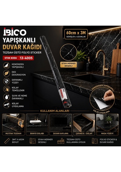 İbico İ13-079 Siyah Mermer Desenli Tezgah Üstü Folyo Sticker 3m X 60cm