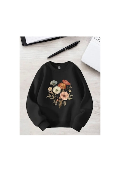Herkesemoda Çiçek Demeti Baskı Detaylı Bisiklet Yaka İçi Polarlı Sweatshirt Siyah