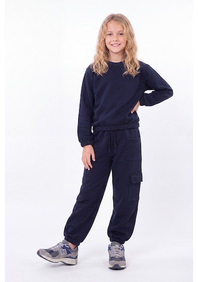 Fyk Kids 3 İplik Kız Çocuk Düz Kısa Bel Sweatshirt Bisiklet Yaka Eşofman Takımı Lacivert