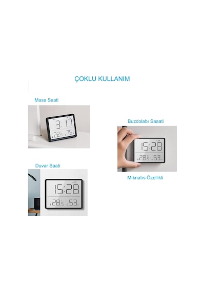 Mıknatıslı Lcd Dijital Ekran 9x7 Cm Pilli Mini Saat Alarm Saat Nem Göstergesi Sıcaklık Ölçer Siyah