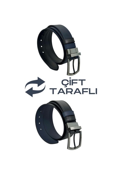 Süzer Deri Lacivert / Siyah Çift Taraflı Suni Deri 4 Cm. Genişlik Dönerli Tokalı Spor Erkek Kemer // 7110-47 Lacivert