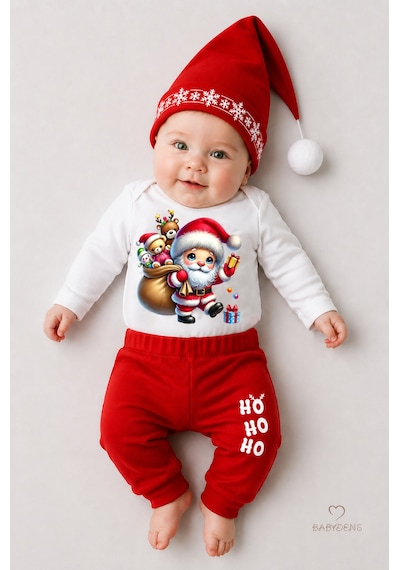 Babyden's Bebek Yılbaşı Noel Kıyafeti 3 Lü Set ,santa Baskılı Uzun Kollu Body, Kırmızı Pantolon,şapka Unisex Kırmızı - Beyaz
