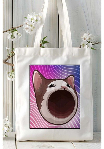 Art Hediye Popcat Baskılı Bez Çanta Omuz Çantası Kişiye Özel Desen 3 Çok Renkli