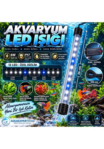 Akvaryum Işığı - Balık Işığı - 36 Cm - 12 Led - Mavi Beyaz - Açma Kapatma Tuşlu - 6w - Güçlü Işık
