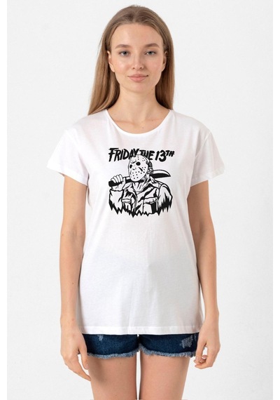 Friday The 13th Halloween Beyaz Kadın Bisikletyaka Tshirt 001