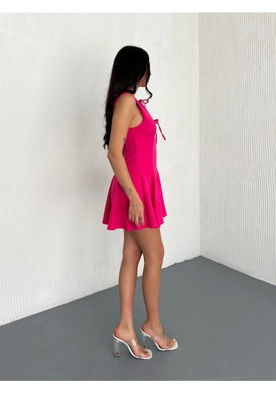 Hazego Göğüs Bağlamalı Kolsuz Mini Boy Elbise - Pembe Pembe