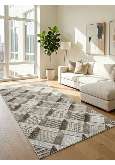 Krem Bej Modern Yıkanabilir Kabartmalı Kaymaz Taban Kesme Halı Yolluk