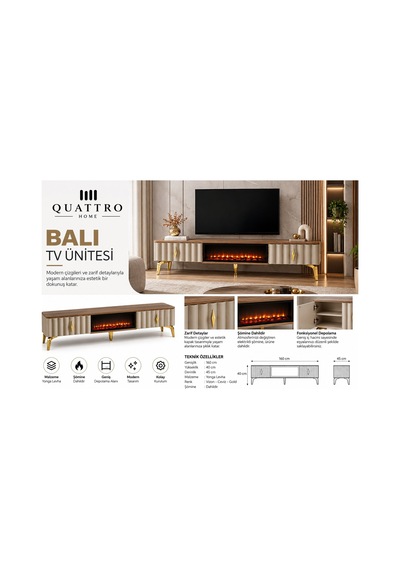 Bali Elektrikli Şömineli Vizon Ceviz Gold Tv Ünitesi 160 Cm
