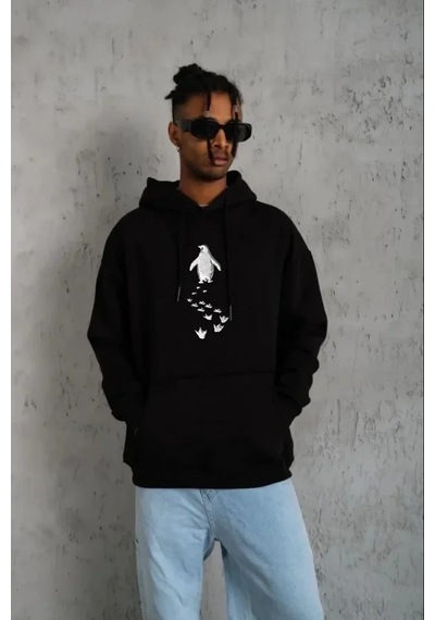 Vexor Erkek Nihilist Penguen Temalı Oversize Kapüşonlu Sweatshirt - Siyah