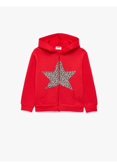 Koton Leopar Desenli Yıldızlı Uzun Kollu Şardonlu Fermuarlı Kapşonlu Sweatshirt Kırmızı 7wkg10050ak