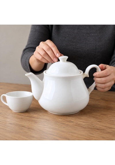 Porselen Demlik 650 Ml, Beyaz Kapaklı Çay Demliği, Oval Kulplu Ve Uzun Dökme Ağızlı, Siyah Çay Ve Bitki Çayı Demleme, Kahvaltı Ve Sofra Servisi İçin, 1 Adet çok renkli